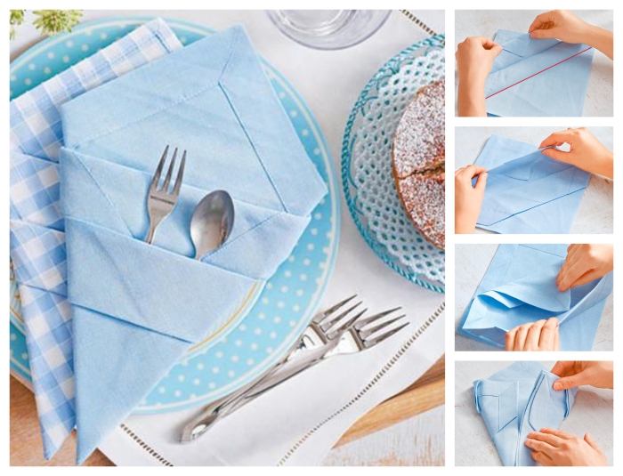 technique de pliage origami d'une belle poche à couverts bleu ciel pour décorer une table de pâques stylée et élégante