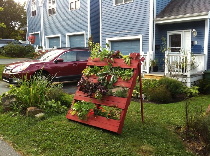 un petit potager palette avec escabeau, aménager un jardin urbain vertical en palette recyclée, faire pousser des plantes hors-sol 