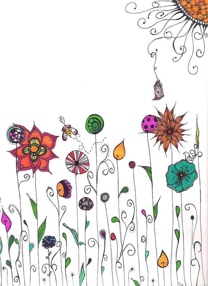 Fleurs de printemps imaginés, inspiration dessin facile et beau, dessiner un paysage