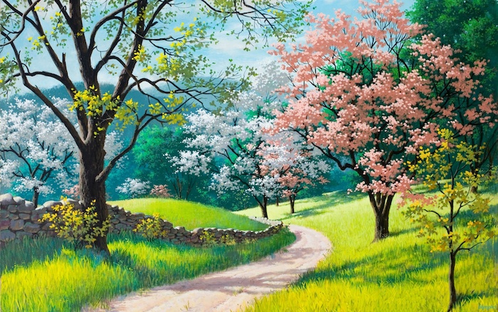 Paysage printanier dessin idée simple et très jolie, dessiner un paysage coloré avec arbres fleuries