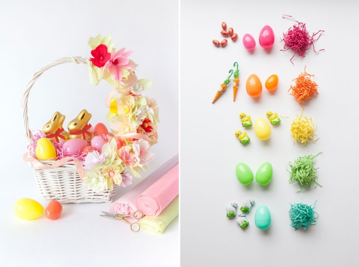 idée comment décorer tressé avec fleurs artificielles, modèle de panier rempli de lapins en chocolat et oeufs plastiques