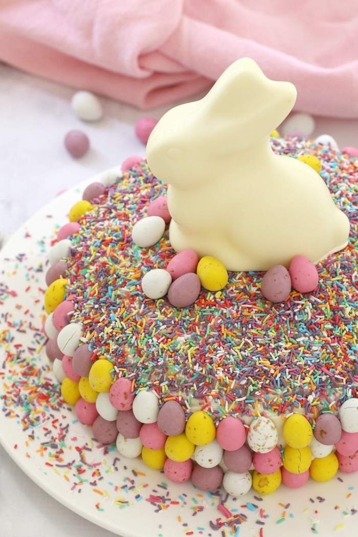 gateau de paque facile et rapide décoré de vermicelles multicolores en sucre, de petits oeufs en chocolat et d'un lapin en chocolat blanc