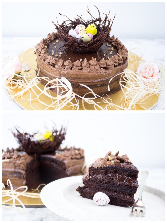 recette vegan de gateau nid de paques au chocolat, décoré d'un nid en céréales et de petits oeufs en chocolat