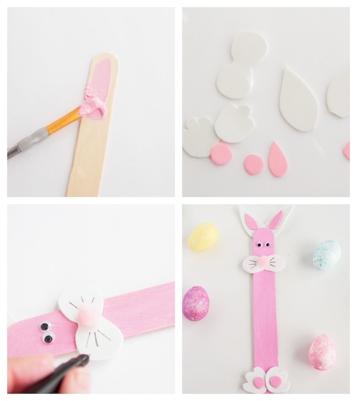 batonnet de glace à motif lapin de paques repeint en rose avec des éléments de corps en papier mousse, activité paques