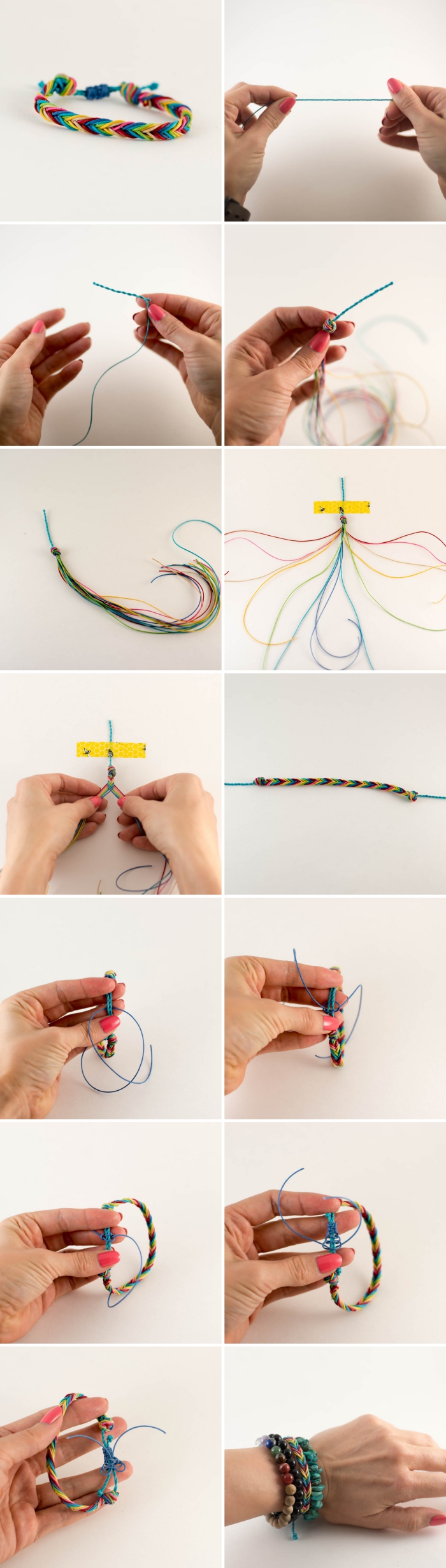 pas à pas fabrication bracelet multicolore en noeuds, diy bracelet tressé en fil scoubidou, modèle bijou fait main facile