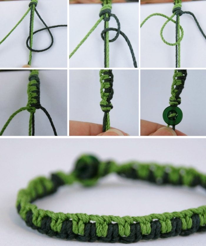 tuto macramé facile, modèle de bracelet en deux cordes de nuances vertes, technique de noeud macramé pour faire un bijou