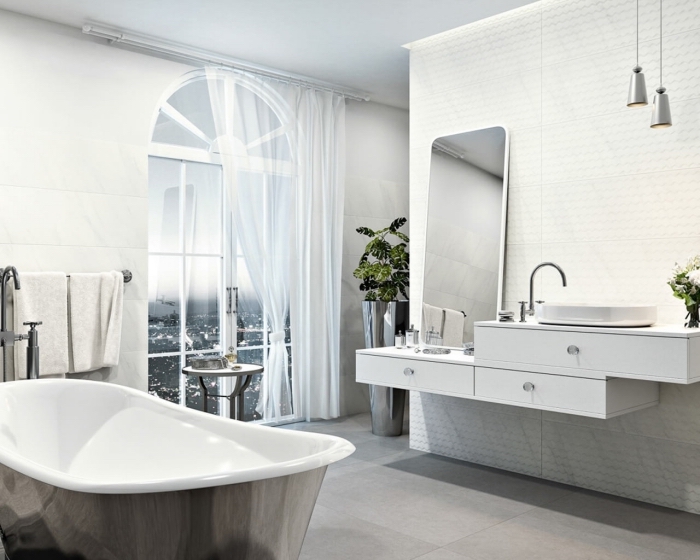 aménagement de salle de bain avec baignoire, meuble salle de bain vasque blanc, modèle éclairage style industriel