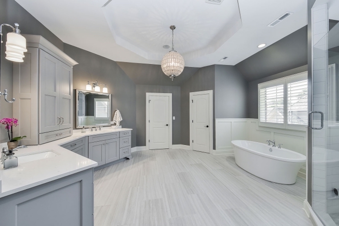style traditionnel dans une salle de bain gris et blanc avec meubles bois peint en gris clair, idée baignoire autoportante