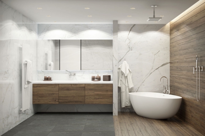 comment intégrer le bois dans une salle de bain contemporaine, agencement salle de bain avec douche et baignoire autoportante