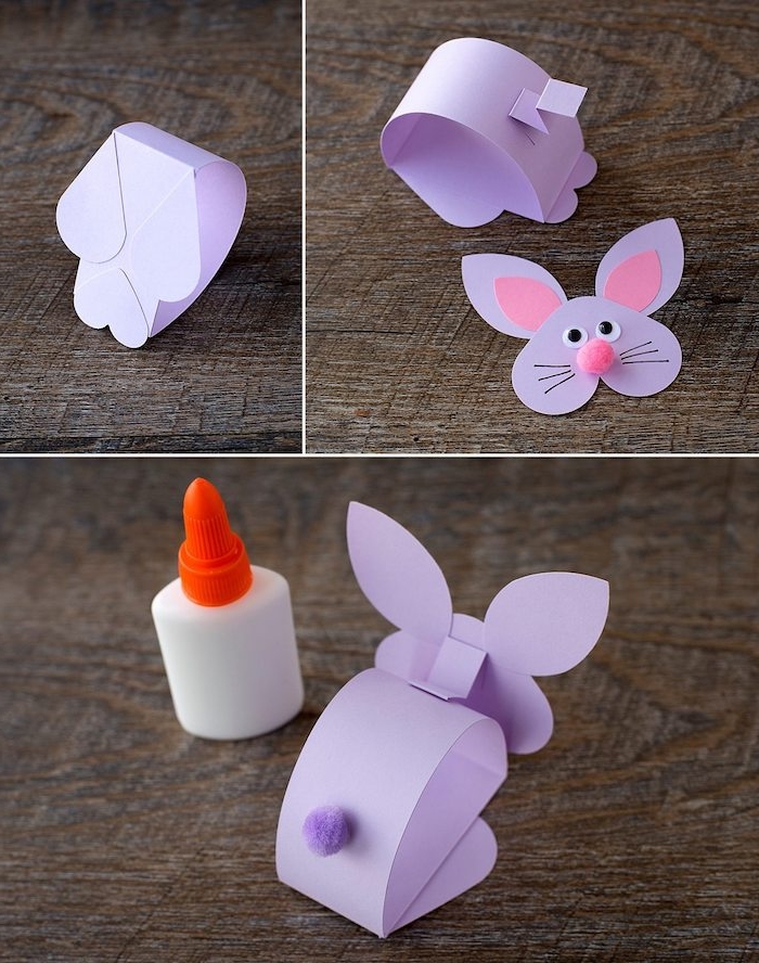 assembler des éléments en papier pour en faire un lapin de papier violet avec nez pompon rose et des yeux mobiles