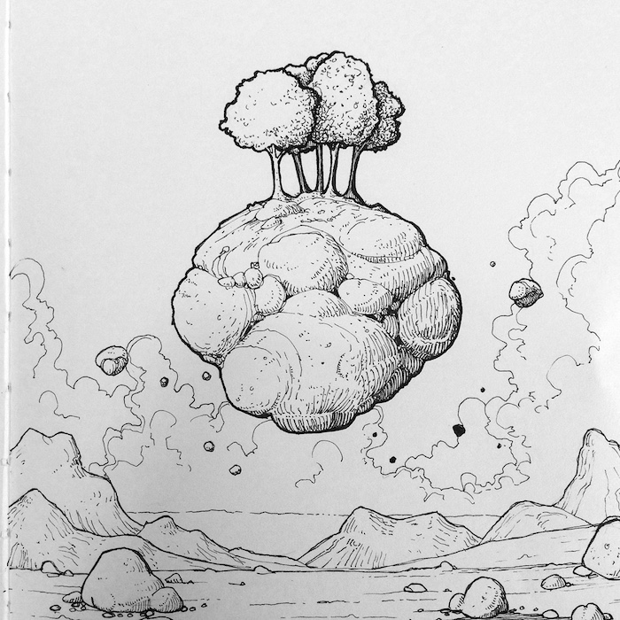 Rocher dans l'aire avec arbres, originale idée créative dessin, comment dessiner un paysage, dessin facile à faire