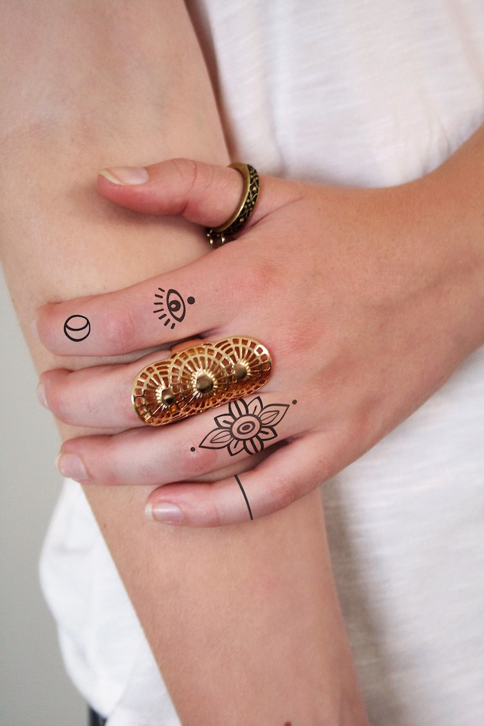 idée de tattoo doigt éphémère à motif tendance, tattoo doigt éphémère en forme de mandala et troisième oeil