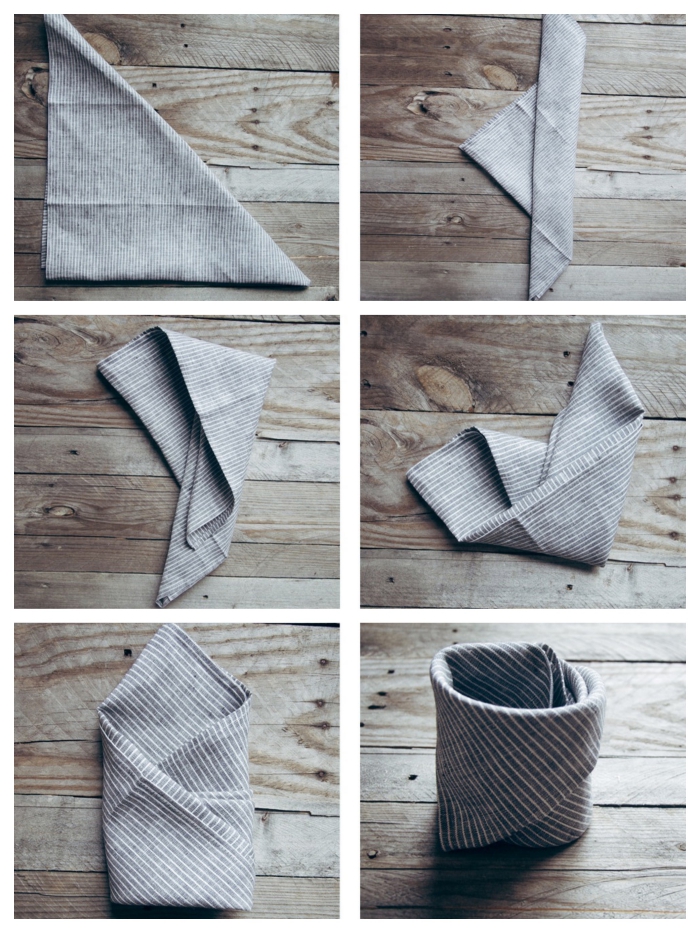 technique de pliage serviette simple et rapide pour faire un panier décoratif, nappe en lin à rayures pliée en panier