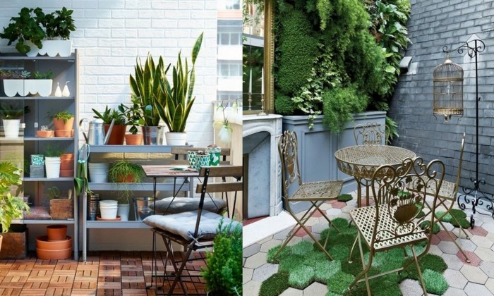 decoration de plantes vertes sur une terrasse, aménagement petit balcon avec des étagères pour fleurs, chaises et table metalliques, mur vegetal