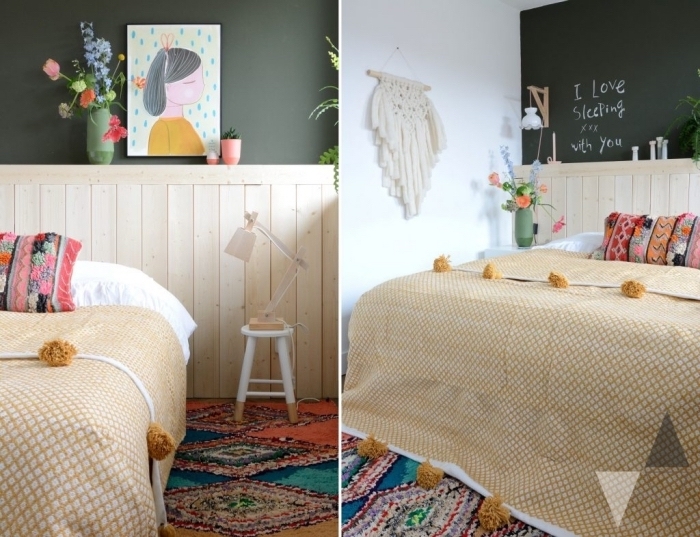 une tête de lit en lambris bois naturel en joli contraste avec le mur vert foncé, idée de couleur mur chambre d'enfant ed style bohème chic