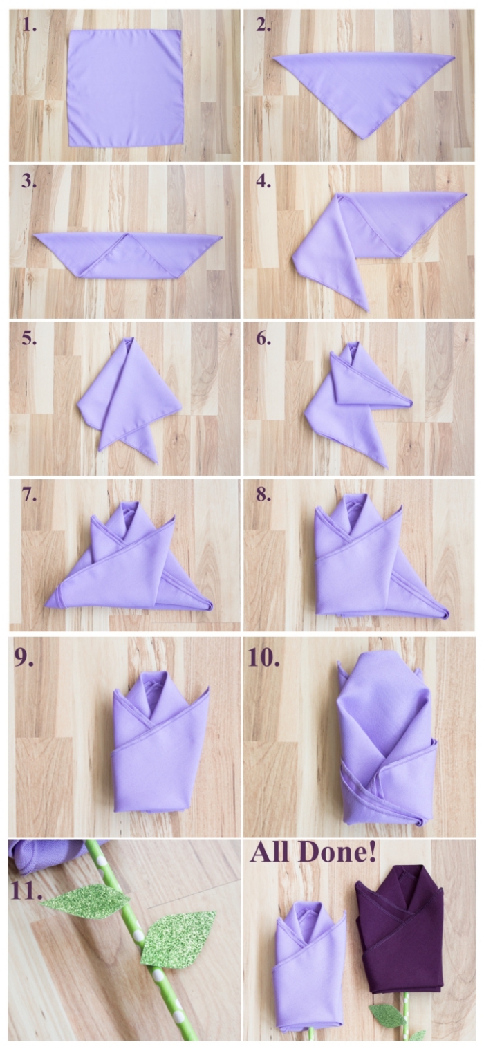 les étapes du pliage serviette facile pour réaliser une jolie tulipe en tissu et paille
