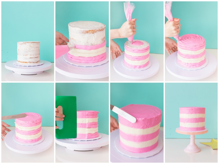 idée de décoration gâteau d'anniversaire réalisé avec du glaçage bicolore, décorer un gâteau avec une poche à douille et une spatule