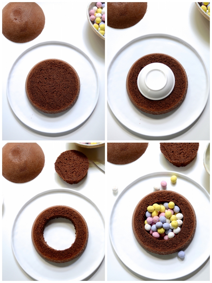 comment réaliser un gâteau pinata au chocolat avec des petits oeufs en chocolat de pâques dans son centre, gateau de paques au chocolat facile en forme de dôme