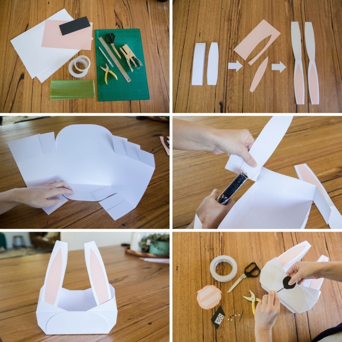 étapes à suivre pour réaliser un panier lapin en papier cartonné, technique pliage de papier facile, faire un visage lapin en papier