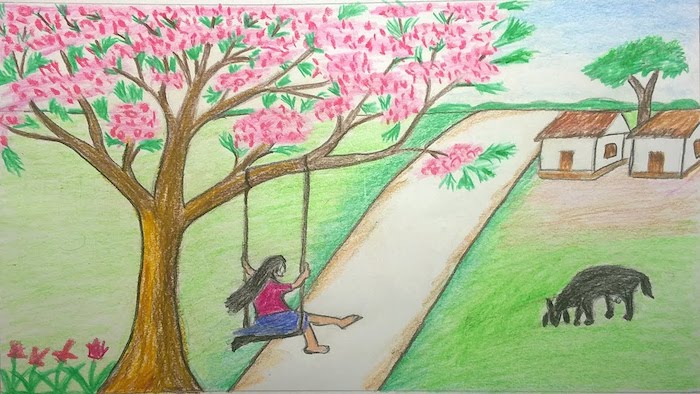 Fille sur balançoire dans son cours, regarder la beauté du printemps et sa maison champetre chemin dessin