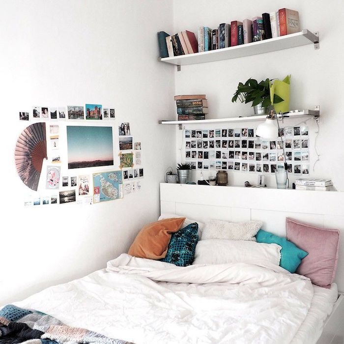 Le linge de lit blanc, décoration murale avec photos, décoration chambre à coucher, les couleurs à choisir pour un effet tumblr deco