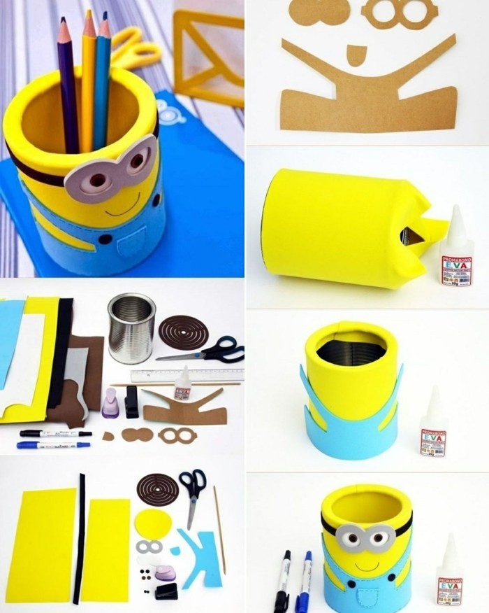 accessoire pour bureau enfant à design les minions, faire un porte-crayon avec canette et papier coloré, objet diy sur le thème les minions