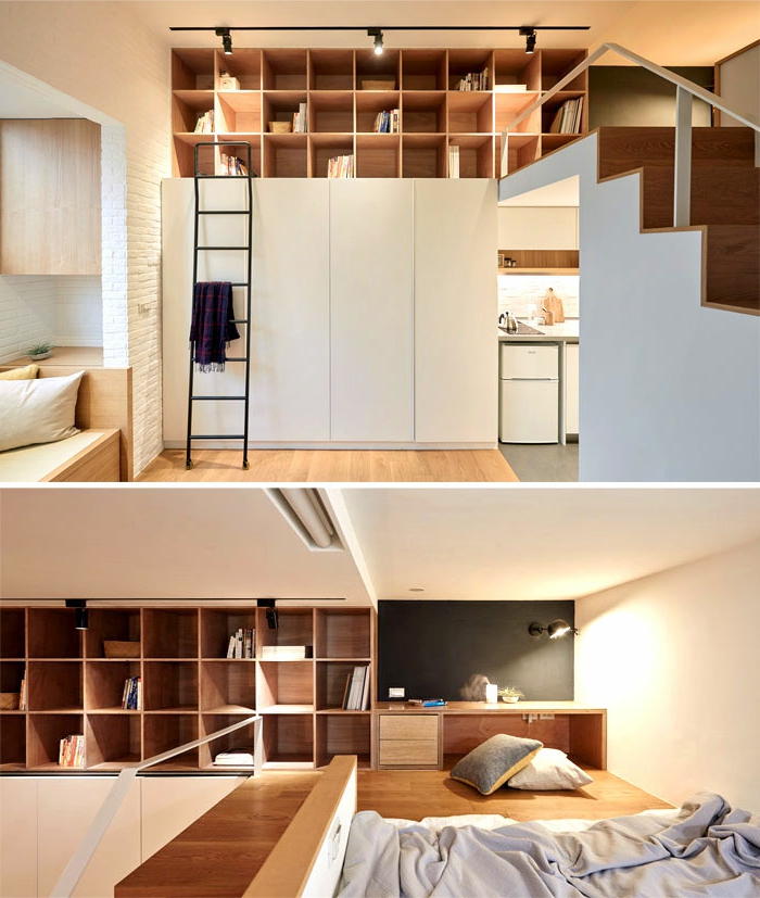 aménagement cuisine petite surface, escalier loft, studio bois et blanc, étagère biliothèque, lit au sol