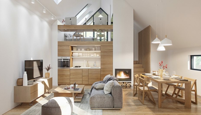 cuisine en bois et blanc avec salle à manger et salon, table de repas en bois clair, meuble kitchenette en bois
