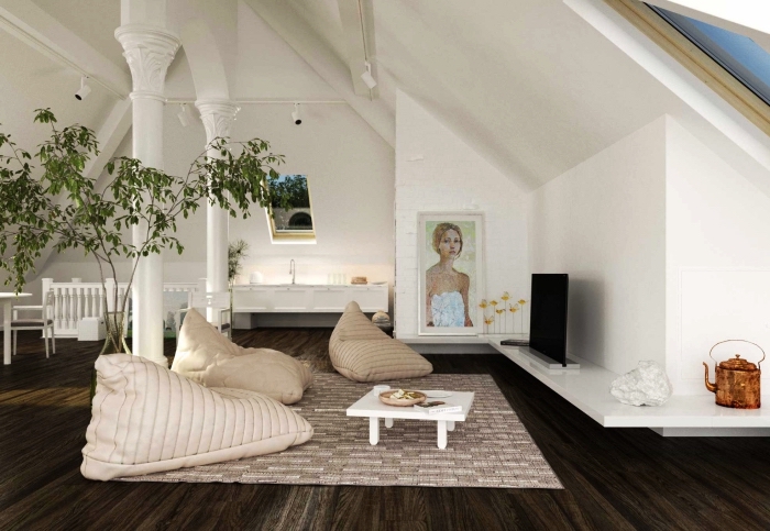 des meubles bas minimalistes pour aménager un espace en sous-pente, loft mansardé spacieux avec un meuble tv d'angle 