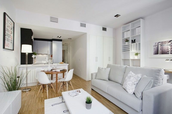 sofa gris clair avec coussins, sol en bois, chaises scandinaves, petite cuisine équipée blanche, étagère blanche