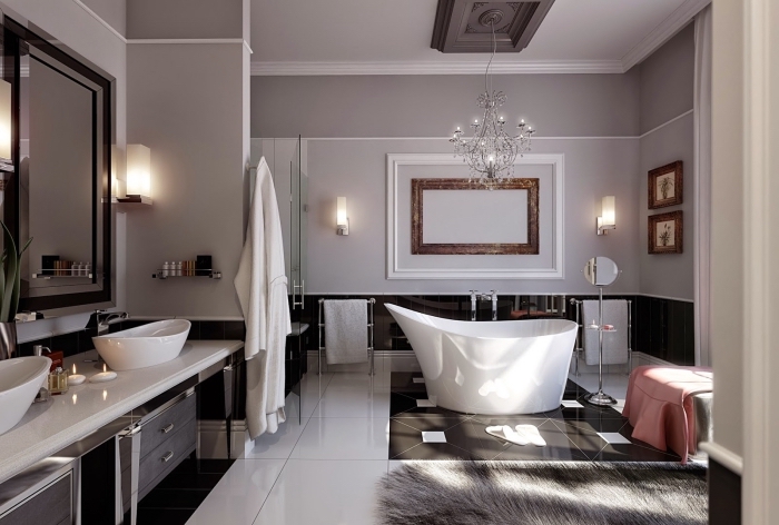 modèle salle de bain en blanc gris et noir, agencement grande salle de bain avec baignoire et cabine de douche