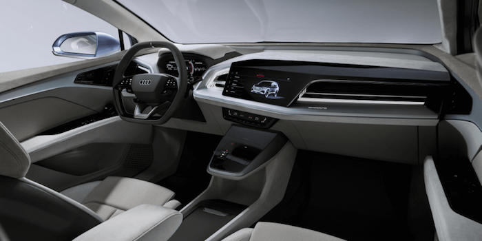 photo intérieur habitacle du nouveau suv électrique Audi Q4 e tron vendu à partir de 2020 et présenté à Genève au salon de l'auto