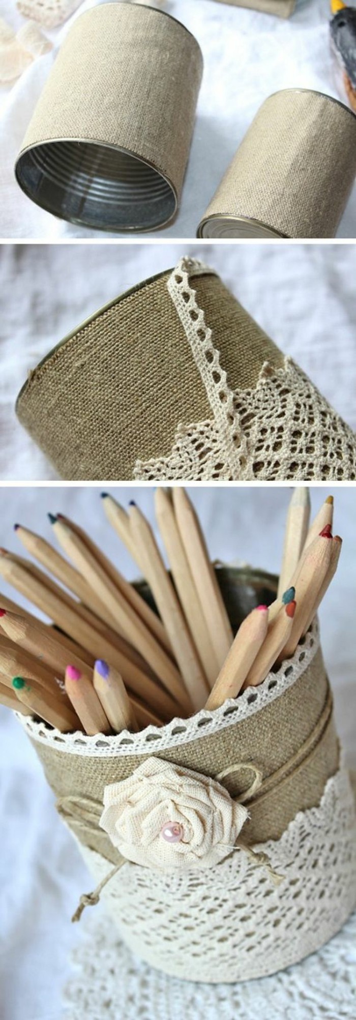 que faire avec boite de conserve vide, fabriquer porte-crayons en canette, comment décorer une boîte conserve avec tissu et dentelle