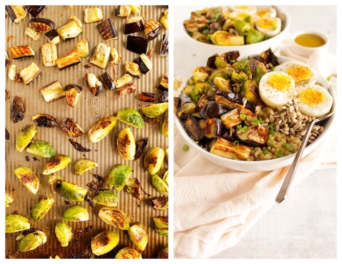 recette protéines végétales et œufs, chou de bruxelles, graines de tournesol et quinoa, façon bouddha bowl, recette pour le soir