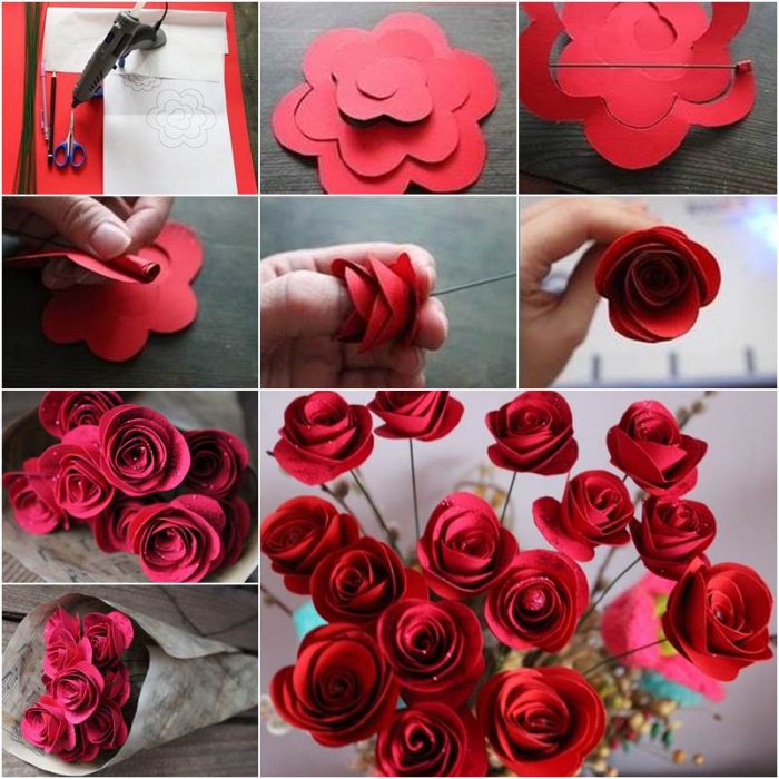 idée déco avec des roses en papier, bouquet de roses en papier rouges réalisées à partir d'un patron découpé