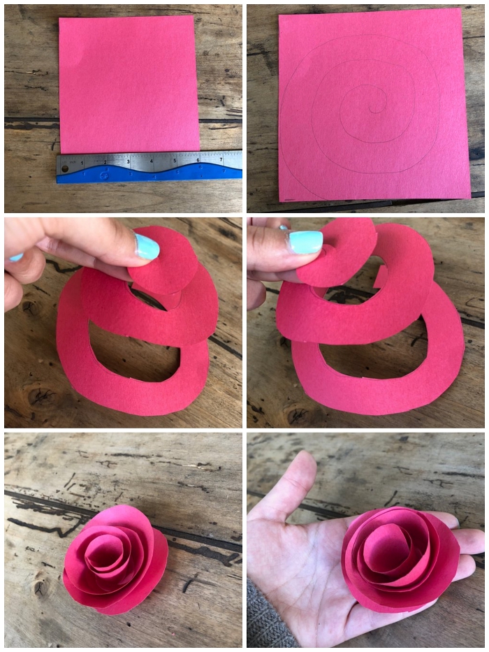 technique simple pour apprendre à faire des fleurs en papier, rose en papier réalisée à partir d'une spirale enroulée
