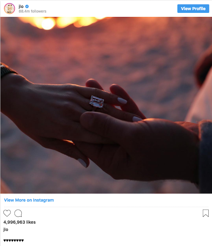 Jennifer Lopez et Alex Rodriguez ont annoncé leurs fiançailles en postant une photo de leur main sur Instagram