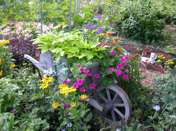 carrosse rustique en bois au sein du jardin, fleurs en couleurs vives, déco jardin rustique