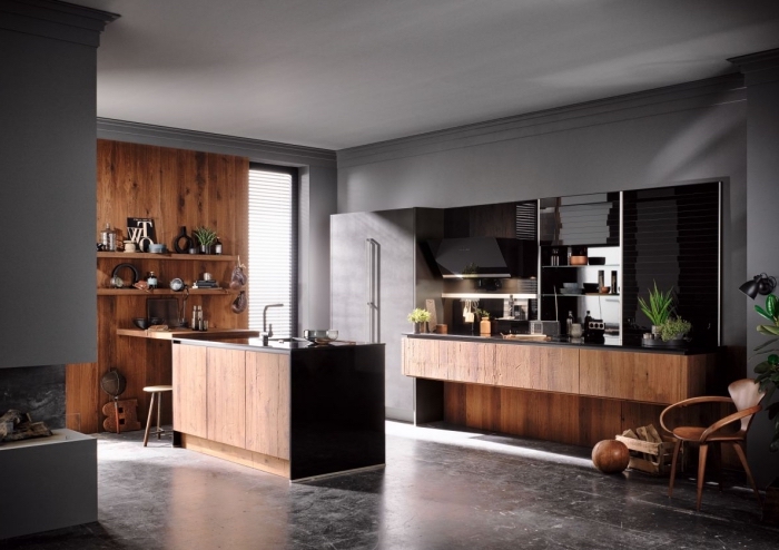cuisine bois moderne aux murs gris et plancher en carreaux effet béton, plan de travail cuisine en noir, façade cuisine en bois foncé