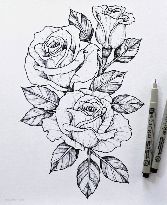 Fleurs roses dessin beau en composition parfait pour tatouage, dessin fleur noir et blanc dessin etape par etape 