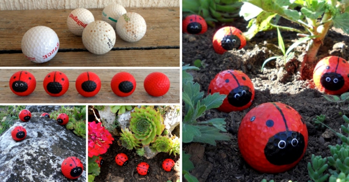 décoration jardin avec coccinnelles en balles de aseball, peindre de petites boules comme coccinnelles
