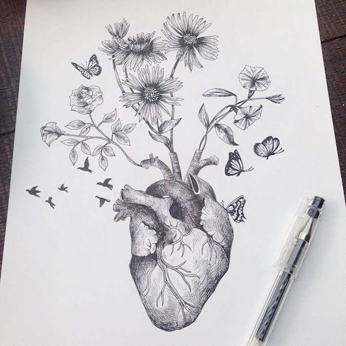 Coeur et fleurs, dessin professionnel a faire etape par etape, dessiner comme un artiste