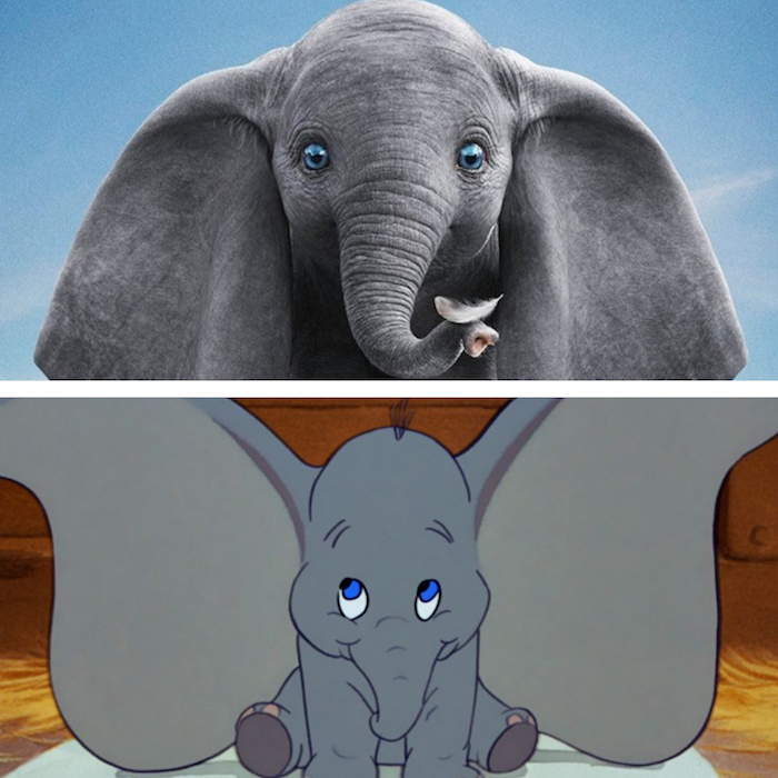 collage image du remake de l'éléphant aux grandes oreilles Dumbo 2019 par Tim Burton et de l'original Disney de 1941
