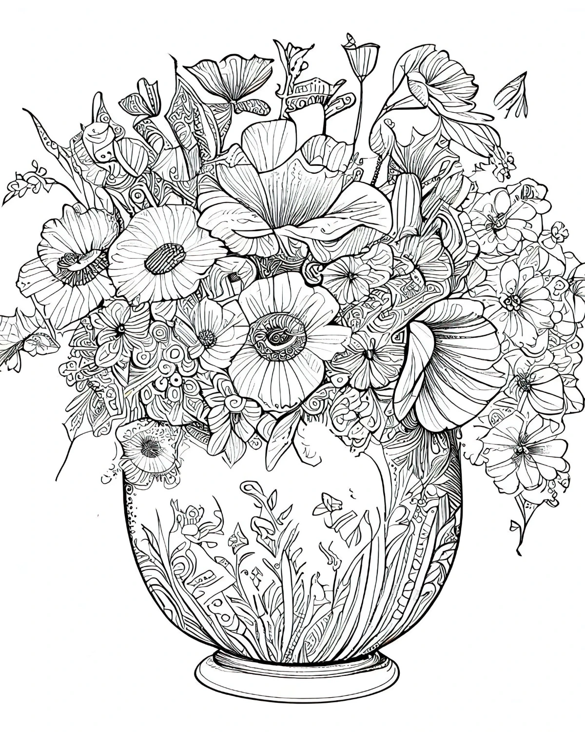 coloriage bouquet de fleurs jardin vase motifs petales feuilles