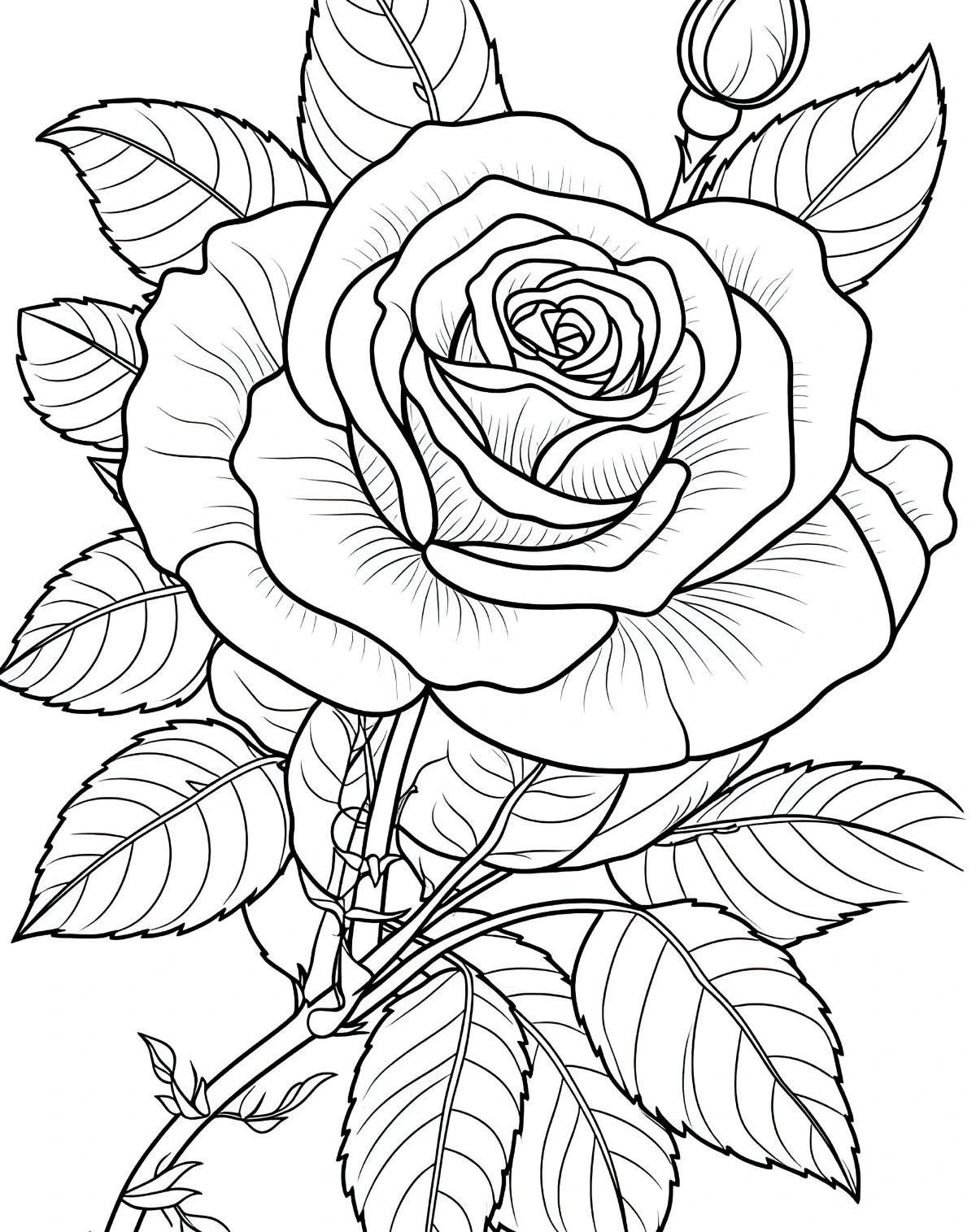 coloriage fleur de rose petales feuilles epines