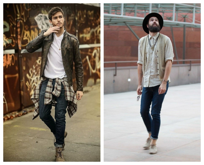 hommes hippie, jeans enroulés, chaussures couleur crème, chemise à carreaux beige, veste en cuir