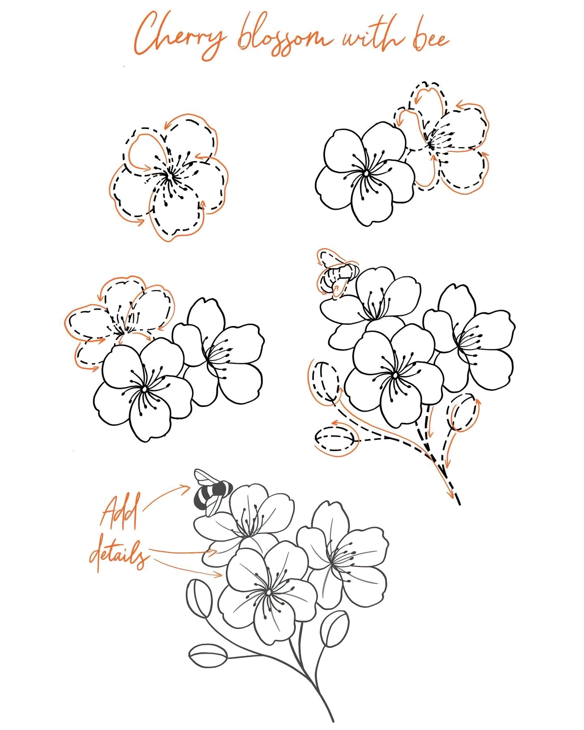 comment dessiner une fleur de cerisier pas a pas instructions blanc et noir