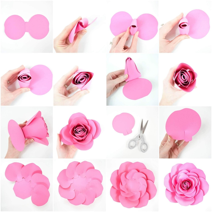 comment faire des fleurs en papier, jolie rose épanouie de nombreuses pétales découpées dans du papier 