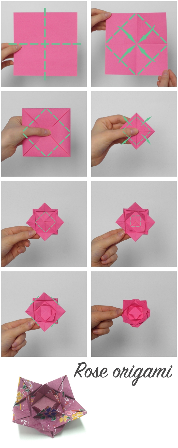 pliage facile d'une origami rose avec des instructions illustrées étape par étape, modèle de rose origami kawasaki