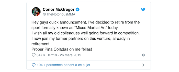 Conor Mcgregor a annoncé sa retraite sportive sur Twitter pour se consacrer à sa marque de whisky